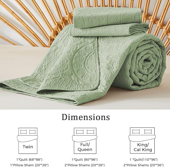 WURUIBO Sage Green Quilt Set Queen Size, Embossing Microfiber Full Bedspreads with Pillow Sham, Ligthweight Breathable Thin Coverlet, Reversible Bedding Set for All Season (1 Quilt, 2 Pillow Shams)