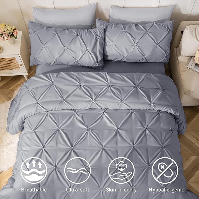 JOLLYVOGUE King Size Comforter Set 7 Pieces - Bed in a Bag King for All Season, Pintuck Bedding Comforter Sets with Comforter, Flat Sheet, Fitted Sheet and Pillowcases & Shams, Light Grey