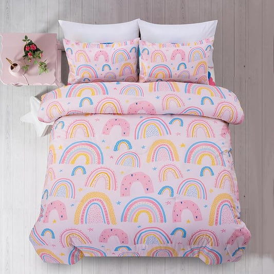 A Nice Night Lightweight Soft Cartoon Rainbow 6Pcs Full Comforter Sets, Love Hearts Printed Bedding Set for Boys Girls,Pink