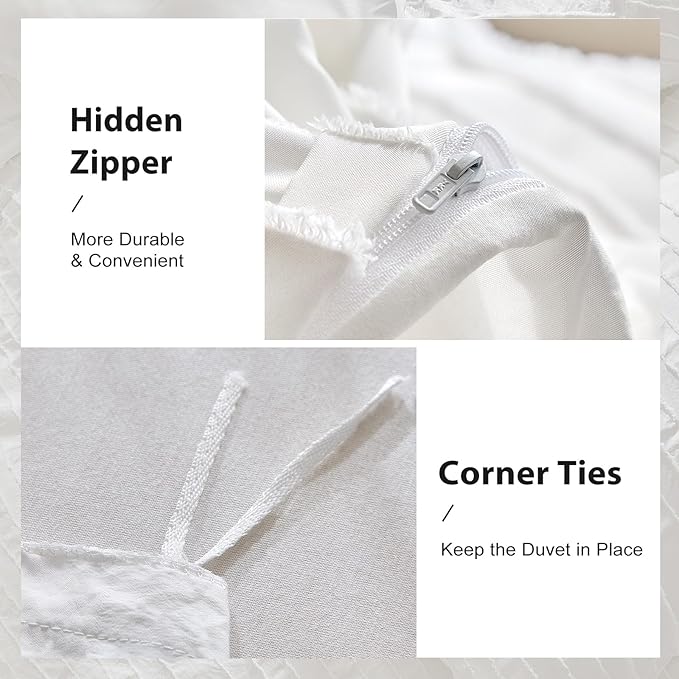 WARMDERN White Boho Duvet Cover Set Full Size, Striped Textured Duvet Cover Tufted Bedding Set, 3 Pcs Ultra Soft Washed Microfiber Duvet Cover with Zipper Closure (Full, White)