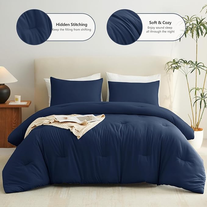 CozyLux California King Comforter Set Navy Blue, 3 Pieces Cal King Solid Breathable Quilted Bedding Sets, Luxury Soft Bed Set with Down Alternative Comforter and 2 Pillowcases for All Season