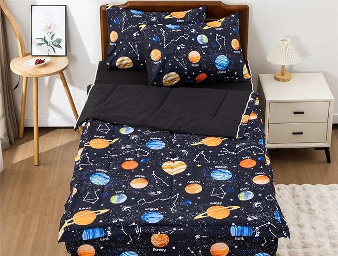 Meeting Story 3pcs Kids Comforter Sets Zipper Bedding Set for Boys,Twin Kid Bedding Set Outer Space Comforter Universe Galaxy Bedding for Kid,All in one Zipper Bedding（Black,Twin）