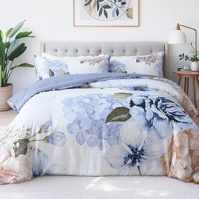 Floral Comforter Set Queen Size, 3 Pieces Elegant Blue Floral Bed in a Bag, Soft Microfiber Botanical Flower Bedding Set with 2 Pillowcases for All Season 90"×90"