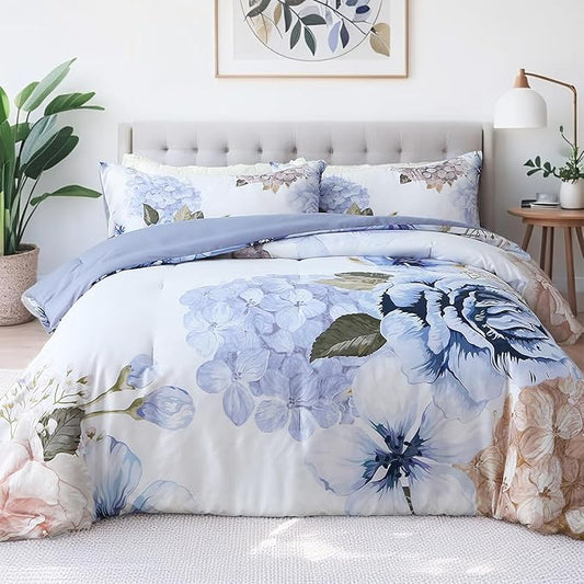 Floral Comforter Set Queen Size, 3 Pieces Elegant Blue Floral Bed in a Bag, Soft Microfiber Botanical Flower Bedding Set with 2 Pillowcases for All Season 90"×90"