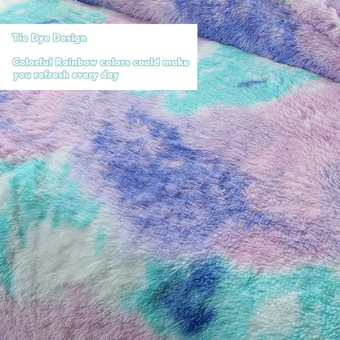 PERFEMET Purple Long Faux Fur Plush Comforter Twin 3-Piece Colorful Rainbow Fluffy Shaggy Girls Bed Sets for Teens Kids Tie Dye Fuzzy Furry Bedding Comforter Set(Purple, Twin)