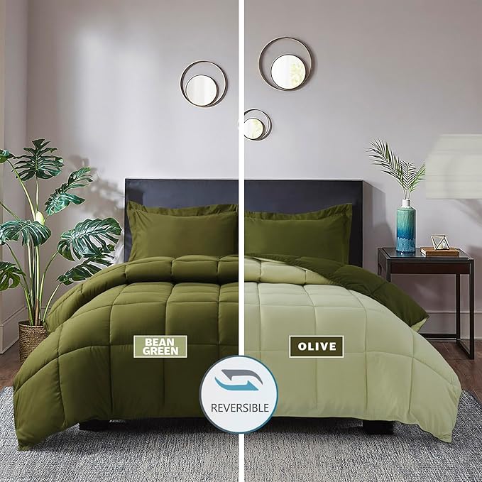 HIG 3pc Olive Green Twin/Twin XL Comforter Set - All Season Reversible Down Alternative Comforter with Sham - Quilted Duvet Insert with Corner Tabs - Box Stitched - Breathable, Soft, Fluffy