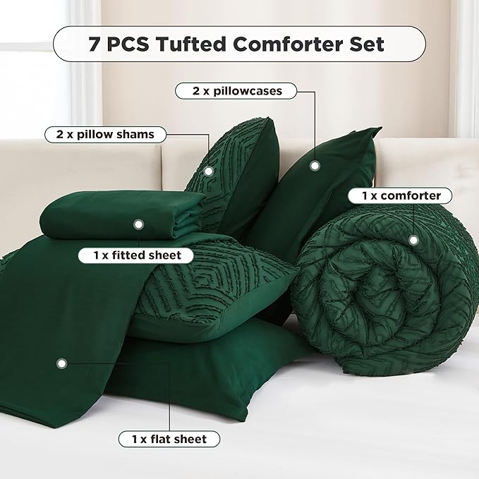 Andency Queen Comforter Set 7 Piece Dark Emerald Green - Bed in a Bag Queen Boho Lightweight Fluffy Tufted Bedding Sets with Comforter, Sheets, Pillowcases & Shams