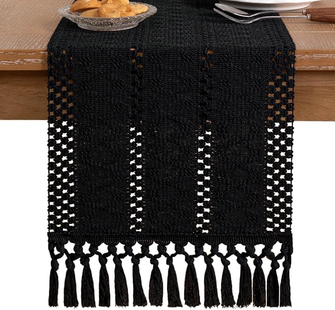 Socomi Boho Table Runner Macrame Easter Spring Farmhouse Woven Cotton Linen Rustic Coffee Table Runner with Tassels for Small Dresser Scarf Home Decor Dining Room 12x72 inch Black
