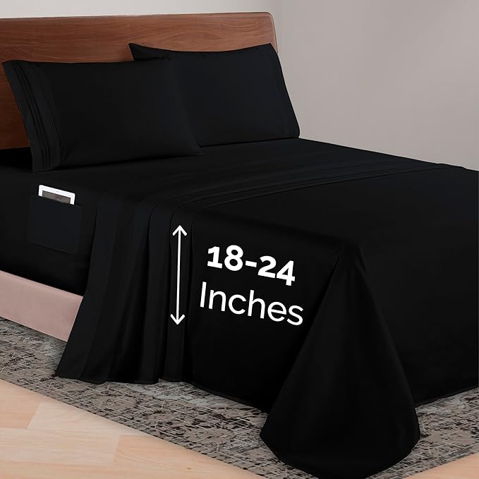 Elegant Comfort Luxurious 1500 Premium Hotel Quality Microfiber 4-Piece Sheet Set, 18-24 Inches Deep - Extra Deep Pocket Sheets - Ultra Soft 4PC Deep Pocket Sheets, Twin/Twin XL, Black