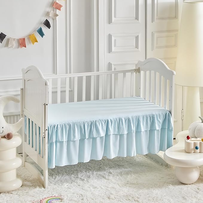 Ruffled Crib Bedding Set Baby Boho Quilted Comforter with Fitted Sheet and Bed Skirt - Cute Soft Breathable Seersucker Ruffled Shabby Chic Bedding Soft Blanket Design - Blue