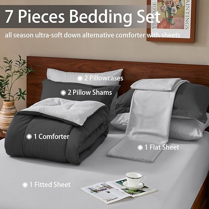 FUANNA Queen Comforter Set 7 Pieces, Reversible Bed in a Bag with All Season Soft Comforter, Bedding Sets Includes Comforter, Flat Sheet, Fitted Sheet, Pillowcases & Shams, Dark Grey & Light Grey