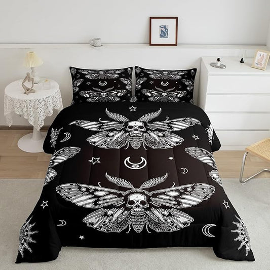 Boys Boho Moth Comforter Set Queen Size Men Gothic Skull Bedding Set for Girls Women Bedroom Decor Bohemian Moon Star Comforter Personalized Moth Skull Skeleton Bones Duvet Set Teens Quilt Set