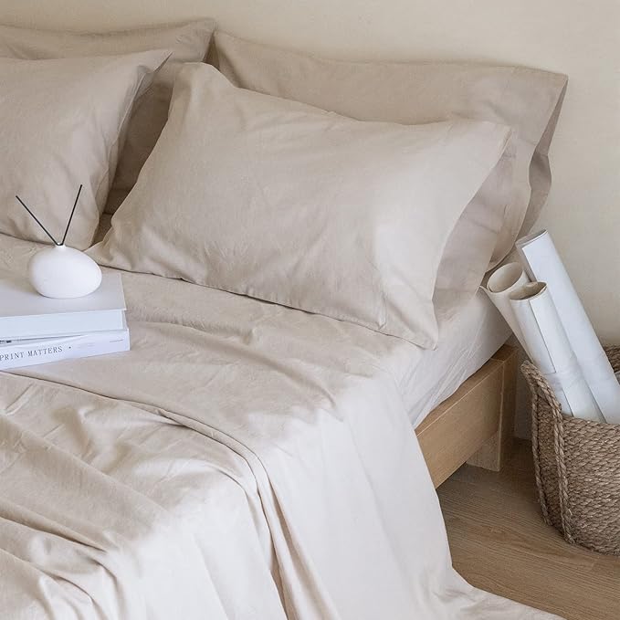Simple&Opulence Belgian Linen Sheet Set Solid Color - 6 Pieces (1 Flat Sheet & 1 Fitted Sheet & 4 Pillowcases) 16" Deep Pocket Natural Flax Cotton Blended Soft Bedding - Linen, King Size