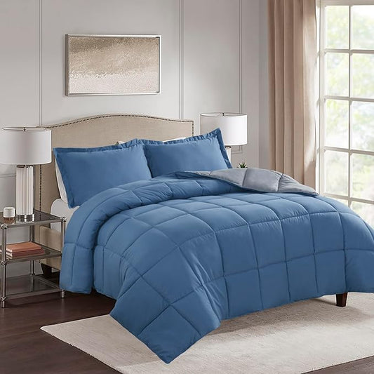 HIG 3pc Dusty Blue Queen Size Comforter Set - All Season Reversible Down Alternative Comforter with Sham - Quilted Duvet Insert with Corner Tabs - Box Stitched Blanket - Breathable, Soft, Fluffy