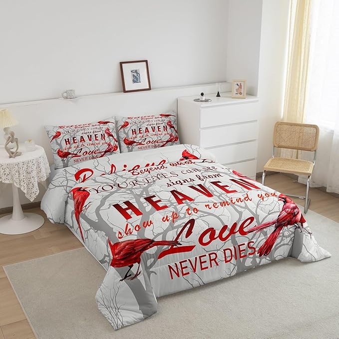 Feelyou Cardinal Bird Comforter Set Queen Size Farmhouse Red Birds Bedding Set for Girls Boys Women Men Tree Branches Decor Comforter Nature Comforter with 2 Pillow Case