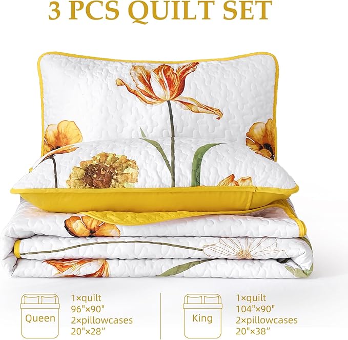 WONGS BEDDING Yellow Quilt Set King Size, Colorful Floral Quilt Set with 2 Pillowcase, Lightweight Spring Summer Farmhouse Coverlet Set for All Season (104"x90")