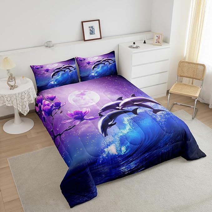 Galaxy Dolphin Bedding Set King Coastal Ocean Waves Comforter Set Night Star Moon Cherry Blossoms Comforter for Kids Girls Teens Sea Animal Starry Sky Quilt Duvet Purple Blue Marine Room Decor 3 Pcs