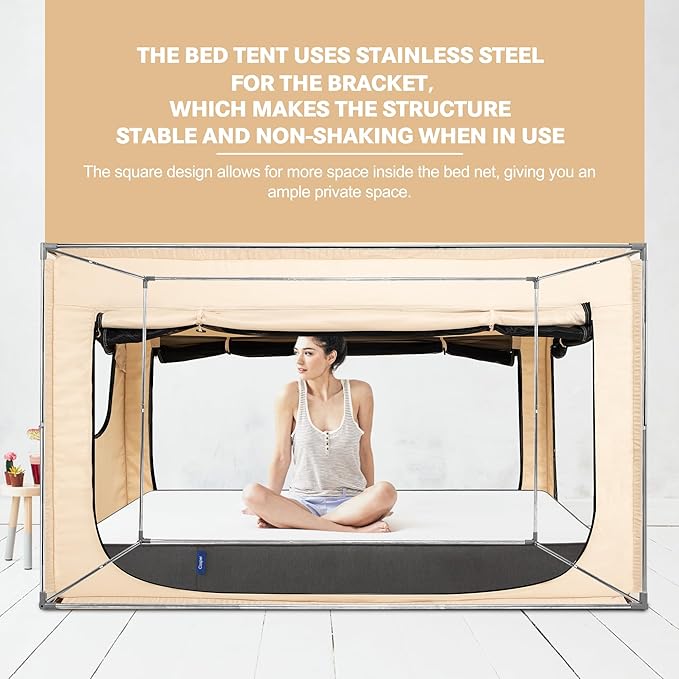 Full Bed Canopy Portable Blackout Bed Tent Privacy Tent for Adult Indoor Sleeping with 3 Doors, Storage Bag, Khaki