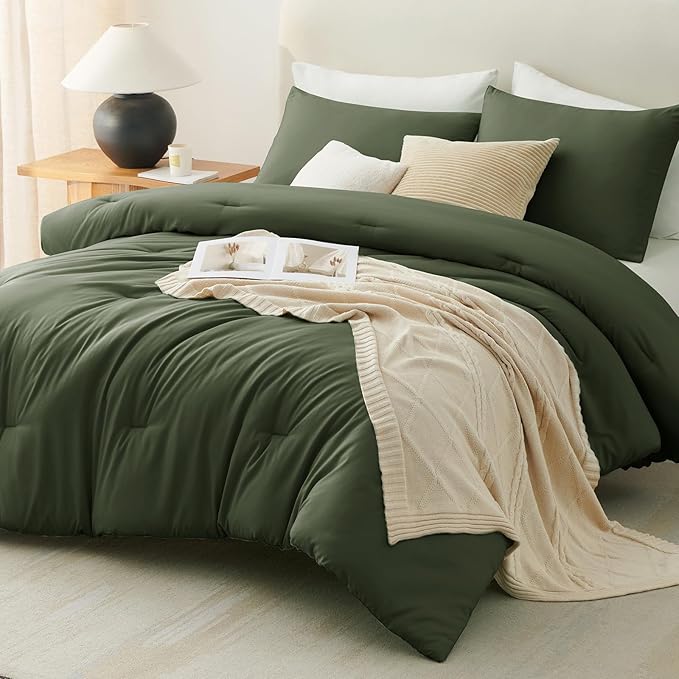 CozyLux Oversized King Comforter Set Olive Green, 3 Pieces 120x98 Solid Breathable Quilted Style Bedding Sets All Season, Luxury Soft Down Alternative Comforter Bed Set (1 Comforter & 2 Pillowcases)