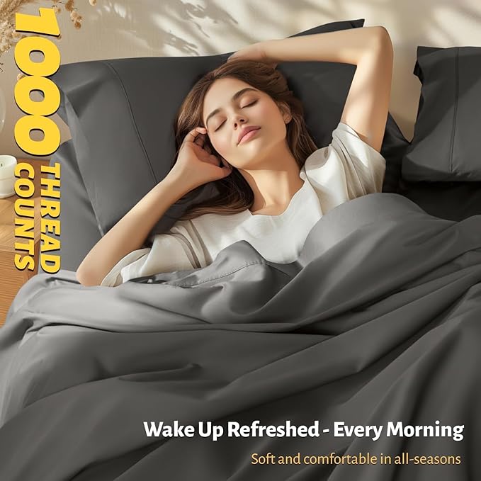 Shilucheng 100% Egyptian Cotton King Size Sheets Set - 1000 Thread Count，Luxury Cotton Bed Sheets，Breathable & Cooling Bedding and Pillow Cases, 16 Inch Deep Pocket - 4 Piece (Dark Grey, King)
