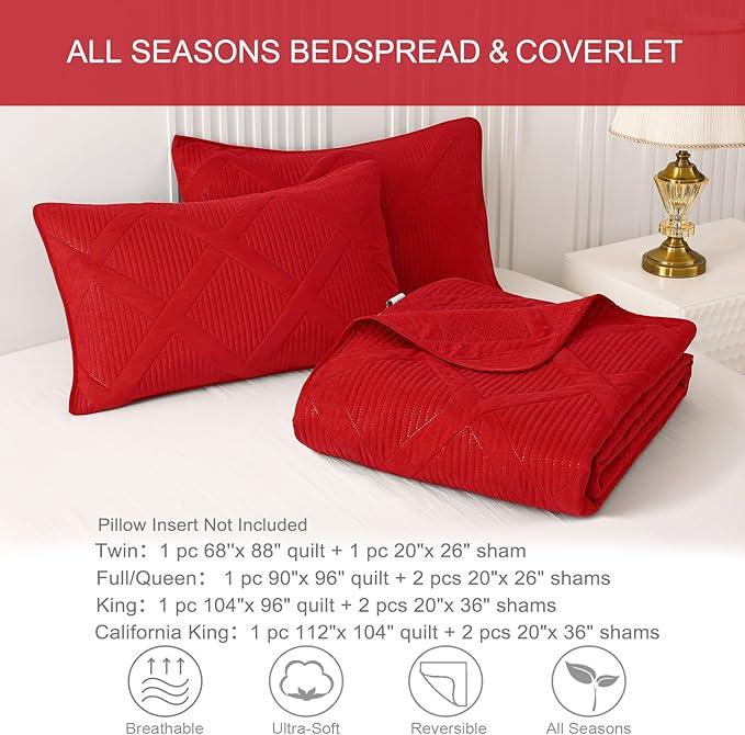 Exclusivo Mezcla Oversized King Quilt Set- Red Cal King Quilts Bedding Set with 2 Pillow Shams, Modern Bedspread with Striped Pattern, Soft Lightweight Bedspreads Coverlets for All Seasons