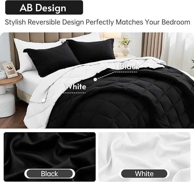 MUXHOMO 7 Pieces California King Comforter Set, Reversible Bed in a Bag Cal King Size, All Season Bedding Set with Comforter, Flat Sheet, Fitted Sheet, Pillowcases & Shams, Black & White