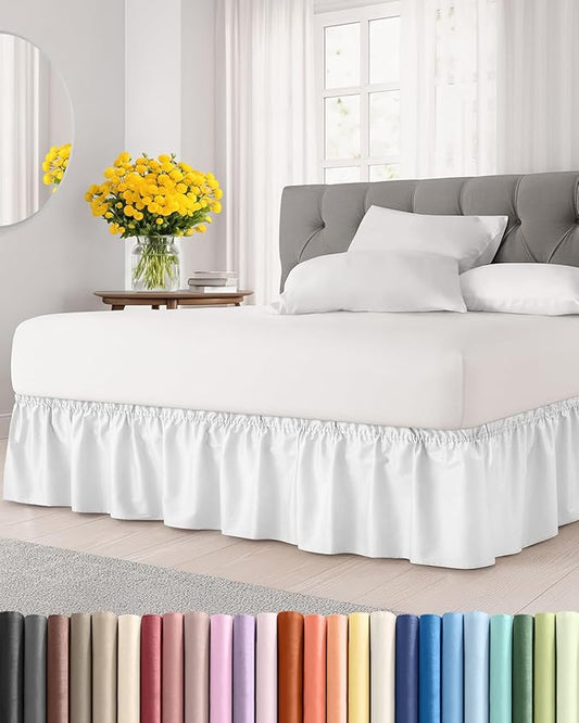 Wrap Around Dust Ruffle Bed Skirt - White - for Queen Size Beds w/ 14 Inch Drop - Easy Fit Elastic Strap - Adjustable Pleated Bedskirt w/Brushed Fabric, Wrinkle & Fade Free Women, Men, Kids & Teens