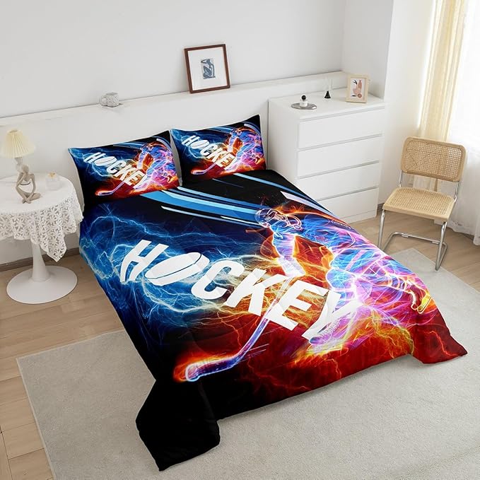 Ice Hockey Comforter Set King, Puck Hockey Player Bedding Sets for Kids Boys Girls Teens, Red Blue Lightening Duvet Insert, Winter Sports Game Down Comforter Bedroom Decor for All Season, 3 Pieces