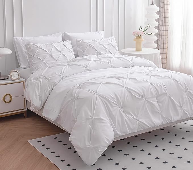 LANE LINEN California King Comforter Set - 7 Piece - Fine Pintuck Detailing Ready to Style - All Season Bed in a Bag - Bedding Set with Comforter, Sheets, Pillowcases & Shams - Best for Family - White | Clean bed look, Hotel style drape, Light breathab...