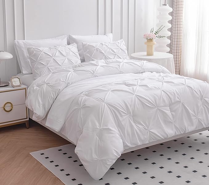 LANE LINEN King Size Comforter Set - 7 Piece - Luxury Pintuck King Bed in a Bag Set - 1 Comforter, 1 Flat Sheet, 1 Deep-Pocket Fitted Sheet, 2 Pillowcases & 2 Shams - Warm & Cozy Hotel Quality - White | Hotel bed look, Deep pocket fit, Warm breathable,...
