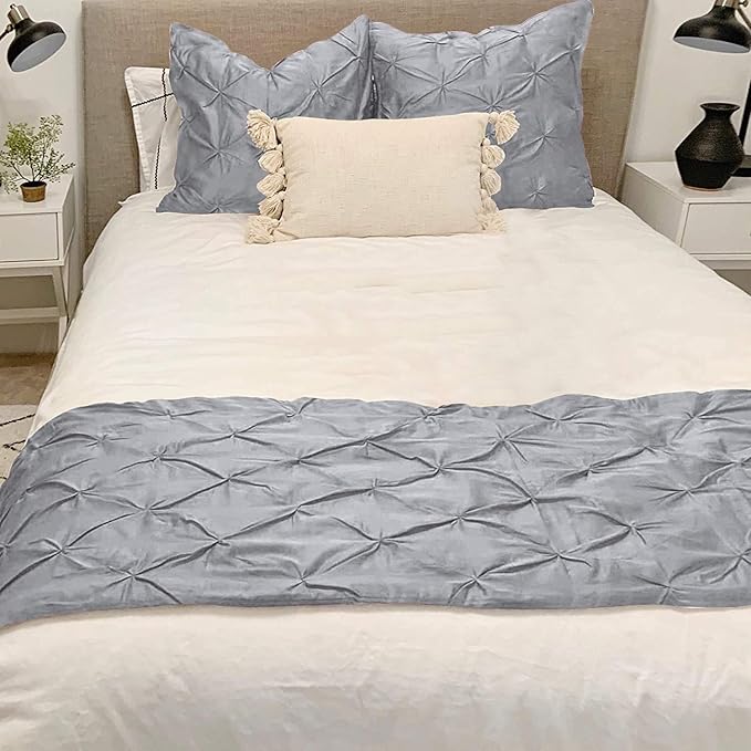 Bed Runner Set - 100% Pure Cotton 800 Thread Count - Luxury 1 Pinch Pleated Bed Runner and 2 Pillow Cover - 3 Piece Pinch Pleated Bed Runner Set California King, Light Grey