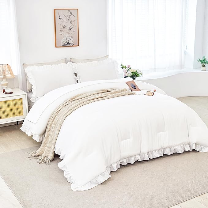 ANGIYUIN White Ruffle Comforter Set Twin 5 Pieces Ruffled Bed in A Bag with Sheets Soft Farmhouse Bedding Sets for Kids Girls Teens(White Twin)