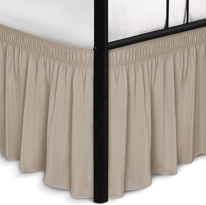 Biscaynebay Wrap Around Bed Skirts with Split Corners for Full Beds 16" Drop, Light Camel Elastic Dust Ruffles Adjustable Easy Fit Wrinkle & Fade Resistant Silky Luxurious Fabric Machine Washable