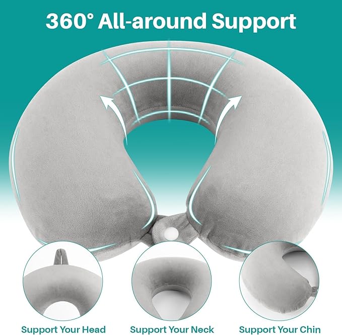 Neck Pillow for Airplane Sleeping – Memory Foam Travel Pillow with Neck & Head Support, U-Shaped Design for Long Flights, Portable Adult Neck Support Pillow with Washable Cover (Grey)