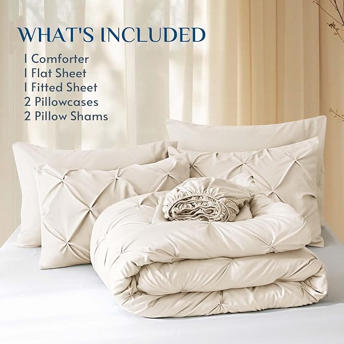 JOLLYVOGUE King Size Comforter Set 7 Pieces - Bed in a Bag King for All Season, Pintuck Bedding Comforter Sets with Comforter, Flat Sheet, Fitted Sheet and Pillowcases & Shams, Beige