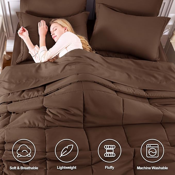 CozyLux Full Size Comforter Sets Brown - 7 Pieces Bed in a Bag Full, Oeko-Tex Certified Bed Set, All Season Soft Bedding Set with Down Alternative Comforter, Sheets, Pillowcases & Pillow Shams