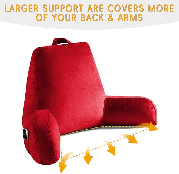 Reading Pillow for Sitting in Bed Adult, Reading Pillow with Shredded Memory Foam, Bed Pillow with Washable Cover, Back Pillow Sitting Up with Extend Arms, Red, X-Large