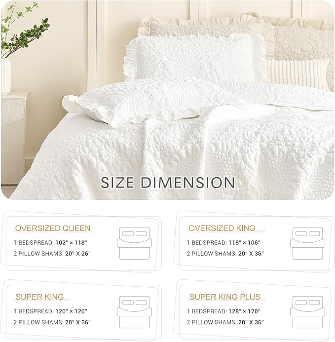Lady Ann Cream White Quilt Set Cal King Size - 3Pcs Stone-Washed Lightweight Ruffled Quilted 118x106 Bedspread Set,Crinkled Shabby Coverlet Farmhouse Rustic Bedding Set for All Season