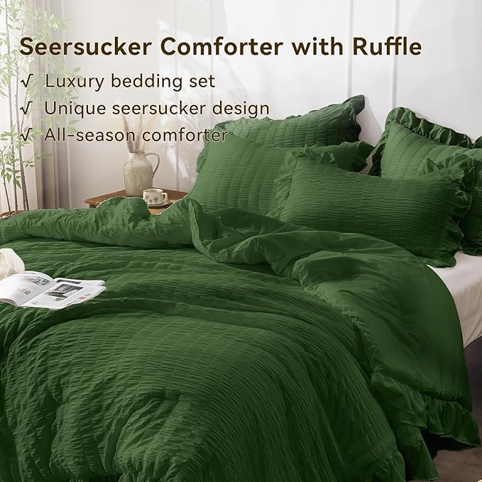 JOLLYVOGUE Dark Green Twin Size Comforter Set, 2 Pieces Seersucker Lightweight Fluffy Bedding Set, Twin Ruffle Comforter, All Season Soft Microfiber Shabby Chic Bed Set