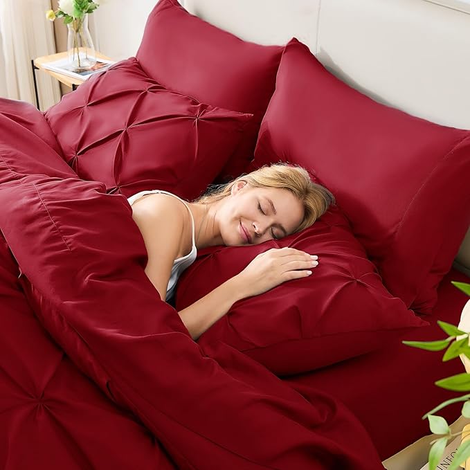 King Comforter Set Dark Red, 7 Pieces Pintuck Bed in A Bag King Size Bedding, Soft Bed Set All Season Pinch Pleat Comforter Set with Sheets, Pillowcases & Shams