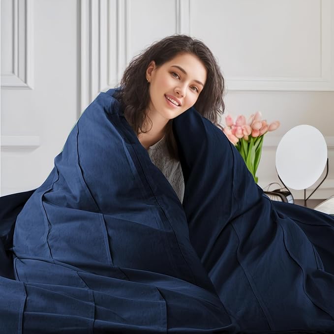NEXHOME PRO 100% Organic Cotton Duvet Cover Oversized King Size, Linen Like Pleated Textured Navy Duvet Cover Set, 3pc Bedding Set with Zipper Closure, Soft,120"x98", No Comforter