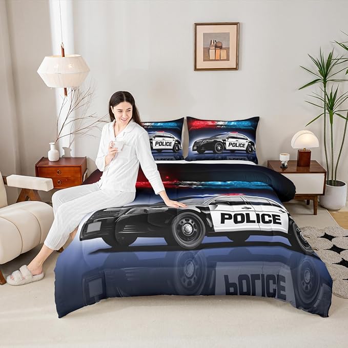 Erosebridal Police Car Comforter Sets King Size,Policeman Vehicle Bedding Set for Kids Boys Children,Red Blue Cop Lights Down Comforter Geometric Graphics Duvet Sets Bedroom Decor with 2 Pillow Cases