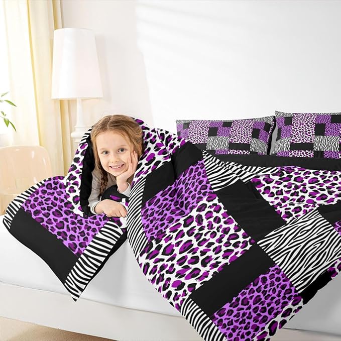 Erosebridal Patchwork Purple Cheetah Print Comforter Set Black White Zebra Bedding Set Queen for Teen Girls Women,Leopard Comforter Wild Animal Bedding Quilt with 2 Pillowcases Home Room Decor