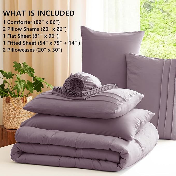 CozyLux Full Size Comforter Sets Dusty Purple, 7 Pieces Soft Pinch Pleat Bed in a Bag Full Comforter Set with Sheets, Boho Bed Set with Down Alternative Comforter, Sheets, Pillowcases & Shams