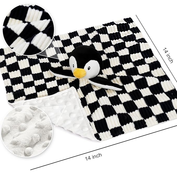 Baby Lovey Blanket for Boys Girls Super Soft Checkerboard Gingham with Minky Dot Fabric Backing Penguin Stuffed Animal Lovely Snuggle Toy Black 14 Inch