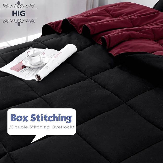 HIG 3pc Down Alternative Comforter Set - All Season Reversible Comforter with Two Shams - Quilted Duvet Insert with Corner Tabs - Box Stitched - Super Soft, Fluffy (Full/Queen, Black)