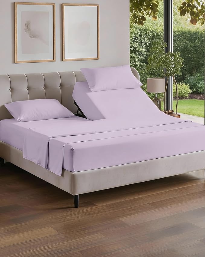 Split Head King Sheet Set – 4 Piece Flex Split Top King Sheets for Adjustable Beds - Fits 14” to 16" Mattress w/ Deep Pockets - Breathable & Cooling - Luxury Bedding and Wrinkle Free - Light Lavender