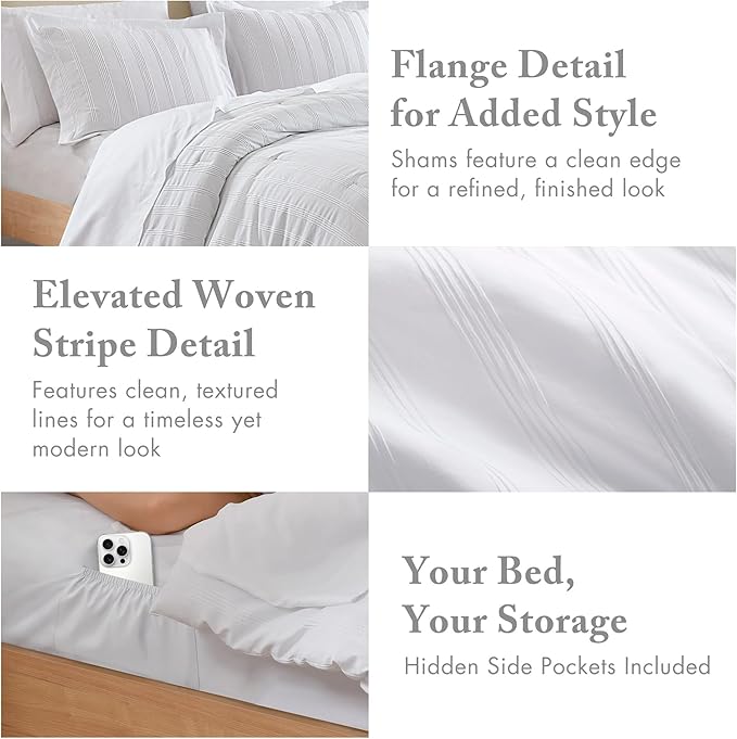 Madison Park Essentials Striped Comforter Set Twin XL, 5 Pieces Modern Minimalist Jacquard Bedding Set for All Season, Bed in A Bag with Sheet Set and Soft Brushed Reverse, Lightweight White