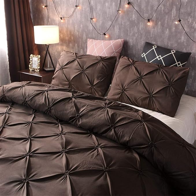 Feelyou Pinch Pleated Duvet Cover with Zipper Closure Pintuck Comforter Cover Set Twin Size Luxurious Pintuck Tufted Bedding Set Solid Coffee Microfiber Bedspread Cover with 1 Pillow Shams Soft