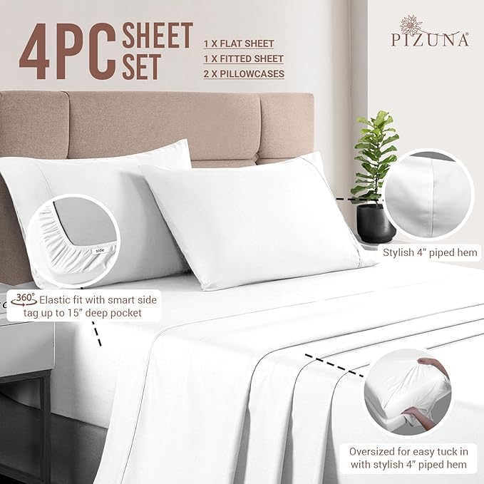 Pizuna Pure 100% Cotton California King Sheets, Luxurious 400 Thread Count Long Staple Sateen with 15-Inch Deep Pocket (Combed White, California King)